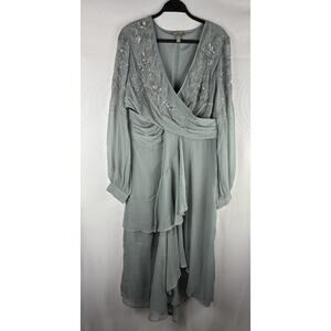 ASOS Maxi Dress Size 14 Blue Beaded Floral Chiffon Sleeve Party Wedding Gorgeous